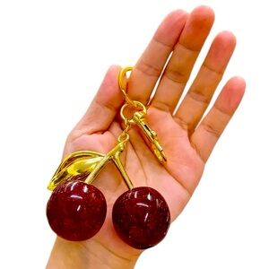 LARGE Cherry Keychain Gold-Tone with Glitter Crystal Cherry Charms